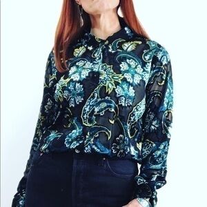 90’s Vintage Multicolor Crushed Velvet Embossed Button Down Top